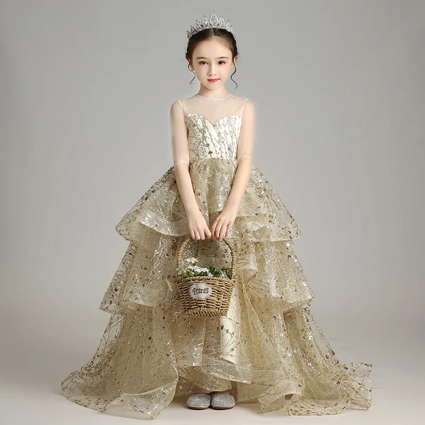Glitzernden Gold Geburtstag Blumenmädchenkleider 2020 Ballkleid Durchsichtige Rundhalsausschnitt 1/2 Ärmel Applikationen Pailletten Sweep / Pinsel Zug Fallende Rüsche