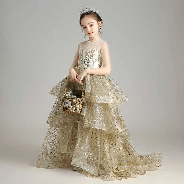 Glitzernden Gold Geburtstag Blumenmädchenkleider 2020 Ballkleid Durchsichtige Rundhalsausschnitt 1/2 Ärmel Applikationen Pailletten Sweep / Pinsel Zug Fallende Rüsche