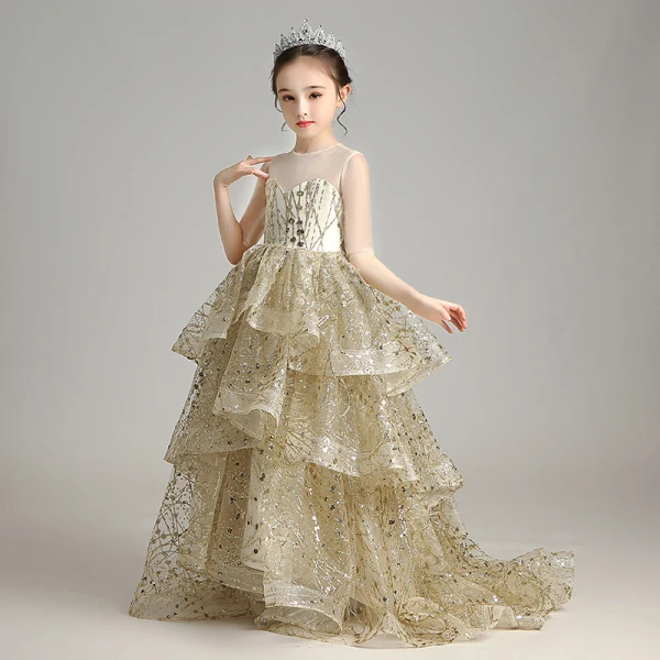 Glitzernden Gold Geburtstag Blumenmädchenkleider 2020 Ballkleid Durchsichtige Rundhalsausschnitt 1/2 Ärmel Applikationen Pailletten Sweep / Pinsel Zug Fallende Rüsche