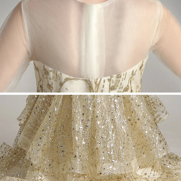 Glitzernden Gold Geburtstag Blumenmädchenkleider 2020 Ballkleid Durchsichtige Rundhalsausschnitt 1/2 Ärmel Applikationen Pailletten Sweep / Pinsel Zug Fallende Rüsche