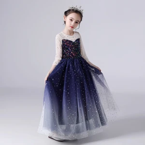 Ciel Étoilé Bleu Marine Anniversaire Robe Ceremonie Fille 2020 Robe Boule Transparentes Encolure Dégagée 3 4 Manches Étoile Paillettes Longue Volants
