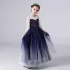 Gwiaździste Niebo Granatowe Urodziny Sukienki Dla Dziewczynek 2020 Suknia Balowa Przezroczyste Wycięciem 3/4 Rękawy Gwiazda Cekiny Długie Wzburzyć