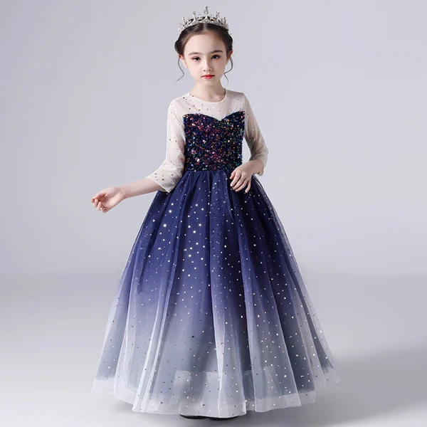 Starry Sky Navy Blue Birthday Flower Girl Dresses 2020 Ball Gown See-through Scoop Neck 3/4 Sleeve Star Sequins Floor-Length / Long Ruffle