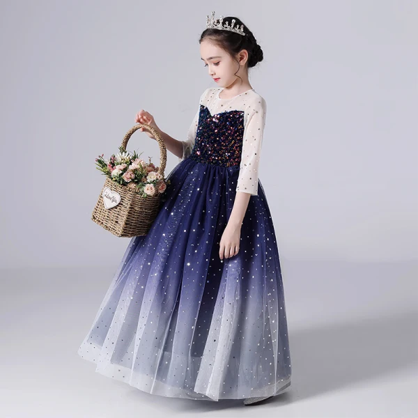 Starry Sky Navy Blue Birthday Flower Girl Dresses 2020 Ball Gown See-through Scoop Neck 3/4 Sleeve Star Sequins Floor-Length / Long Ruffle