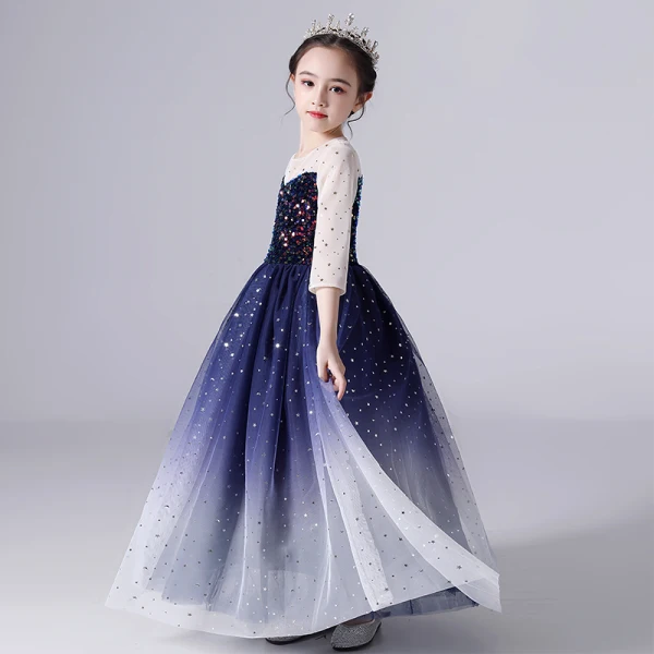 Starry Sky Navy Blue Birthday Flower Girl Dresses 2020 Ball Gown See-through Scoop Neck 3/4 Sleeve Star Sequins Floor-Length / Long Ruffle