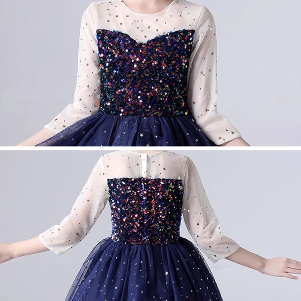 Starry Sky Navy Blue Birthday Flower Girl Dresses 2020 Ball Gown See-through Scoop Neck 3/4 Sleeve Star Sequins Floor-Length / Long Ruffle