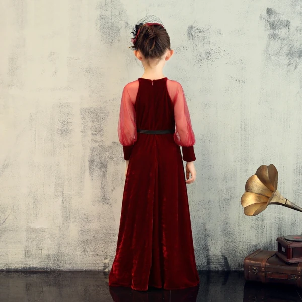 Elegant Burgundy Velour Birthday Flower Girl Dresses 2020 Sheath / Fit Scoop Neck Puffy Long Sleeve Sash Floor-Length / Long Ruffle