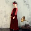 Elegant Burgundy Velour Birthday Flower Girl Dresses 2020 Sheath / Fit Scoop Neck Puffy Long Sleeve Sash Floor-Length / Long Ruffle