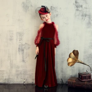 Elegant Burgundy Velour Birthday Flower Girl Dresses 2020 Sheath Fit Scoop Neck Puffy Long Sleeve Sash Floor Length Long