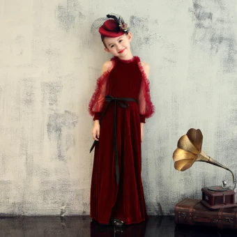 Elegant Burgundy Velour Birthday Flower Girl Dresses 2020 Sheath Fit Scoop Neck Puffy Long Sleeve Sash Floor Length Long