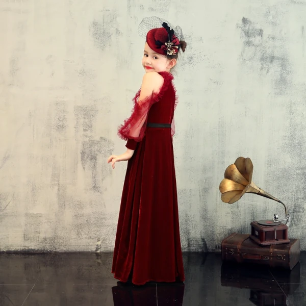 Elegant Burgundy Velour Birthday Flower Girl Dresses 2020 Sheath / Fit Scoop Neck Puffy Long Sleeve Sash Floor-Length / Long