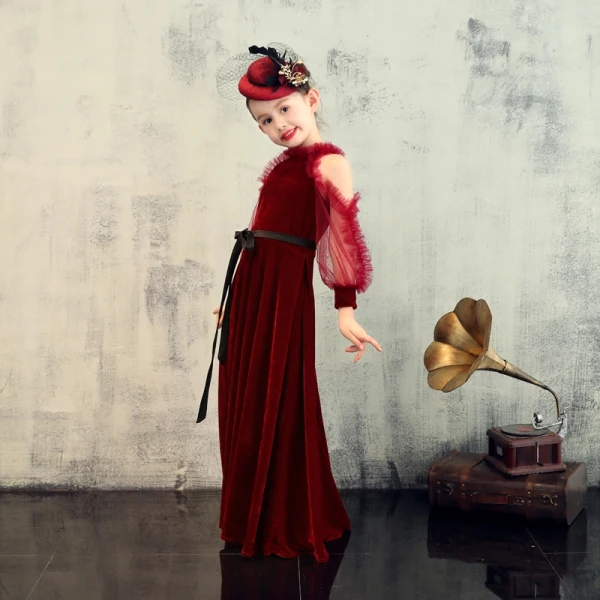 Elegant Burgundy Velour Birthday Flower Girl Dresses 2020 Sheath / Fit Scoop Neck Puffy Long Sleeve Sash Floor-Length / Long