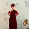 Elegant Burgundy Velour Birthday Flower Girl Dresses 2020 Sheath / Fit Scoop Neck Puffy Long Sleeve Sash Floor-Length / Long