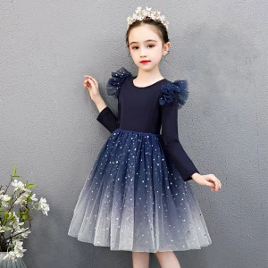Affordable Navy Blue Birthday Flower Girl Dresses 2020 Ball Gown Scoop Neck Long Sleeve Star Sequins Knee Length Ruffle
