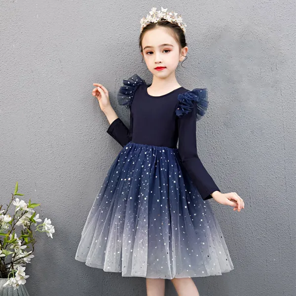 Affordable Navy Blue Birthday Flower Girl Dresses 2020 Ball Gown Scoop Neck Long Sleeve Star Sequins Knee-Length Ruffle