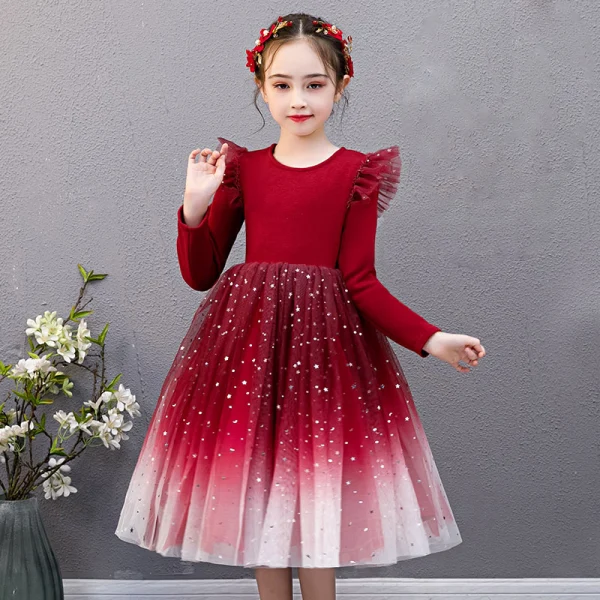 Affordable Navy Blue Birthday Flower Girl Dresses 2020 Ball Gown Scoop Neck Long Sleeve Star Sequins Knee-Length Ruffle