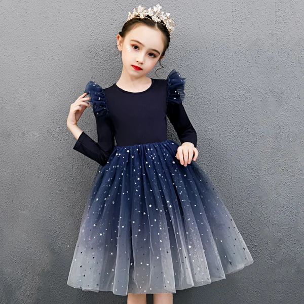 Affordable Navy Blue Birthday Flower Girl Dresses 2020 Ball Gown Scoop Neck Long Sleeve Star Sequins Knee-Length Ruffle