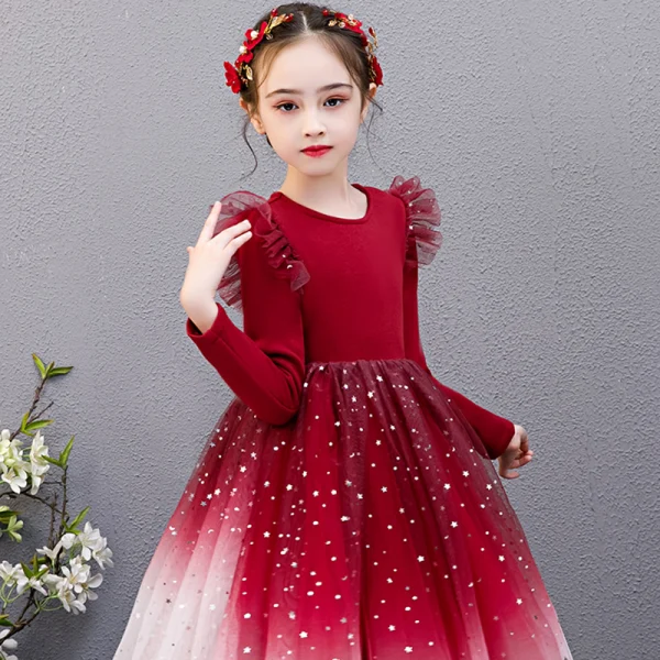 Affordable Navy Blue Birthday Flower Girl Dresses 2020 Ball Gown Scoop Neck Long Sleeve Star Sequins Knee-Length Ruffle
