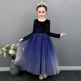 Abordable Bleu Roi Anniversaire Robe Ceremonie Fille 2020 Robe Boule Encolure Dégagée Manches Longues Glitter Étoile Longue Volants