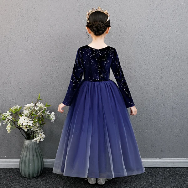 Affordable Royal Blue Birthday Flower Girl Dresses 2020 Ball Gown Scoop Neck Long Sleeve Glitter Star Floor-Length / Long Ruffle