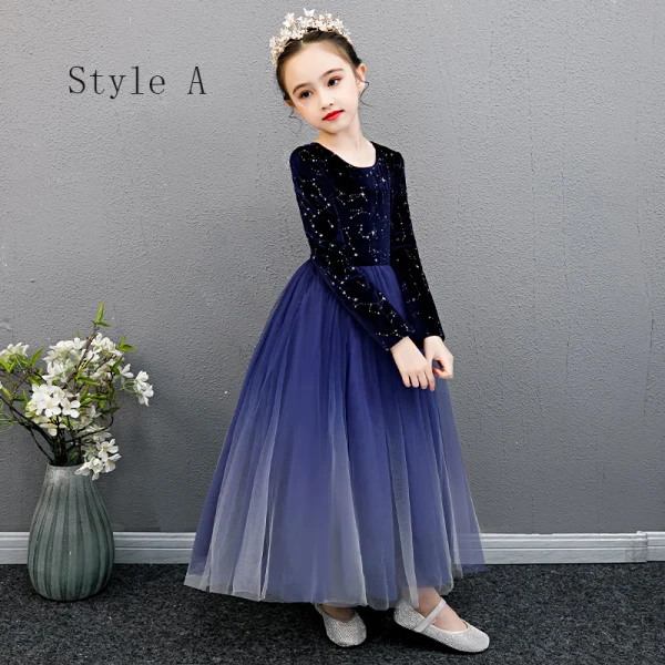 Affordable Royal Blue Birthday Flower Girl Dresses 2020 Ball Gown Scoop Neck Long Sleeve Glitter Star Floor-Length / Long Ruffle