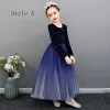 Affordable Royal Blue Birthday Flower Girl Dresses 2020 Ball Gown Scoop Neck Long Sleeve Glitter Star Floor-Length / Long Ruffle