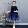 Affordable Royal Blue Birthday Flower Girl Dresses 2020 Ball Gown Scoop Neck Long Sleeve Glitter Star Floor-Length / Long Ruffle
