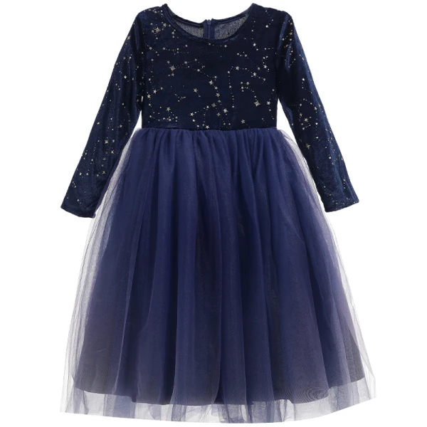 Affordable Royal Blue Birthday Flower Girl Dresses 2020 Ball Gown Scoop Neck Long Sleeve Glitter Star Floor-Length / Long Ruffle