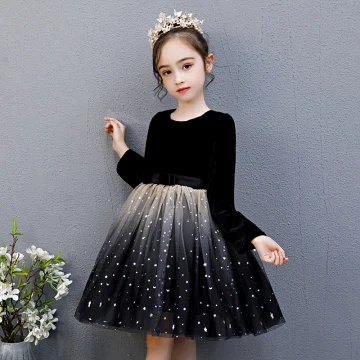 Abordable Noire Anniversaire Robe Ceremonie Fille 2020 Robe Boule Encolure Dégagée 3 4 Manches Étoile Paillettes Noeud Ceinture Mi Longues Volants