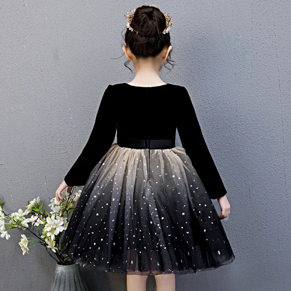 Affordable Black Birthday Flower Girl Dresses 2020 Ball Gown Scoop Neck 3/4 Sleeve Star Sequins Bow Sash Knee-Length Ruffle