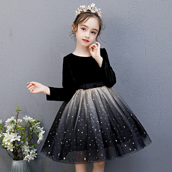 Affordable Black Birthday Flower Girl Dresses 2020 Ball Gown Scoop Neck 3/4 Sleeve Star Sequins Bow Sash Knee-Length Ruffle