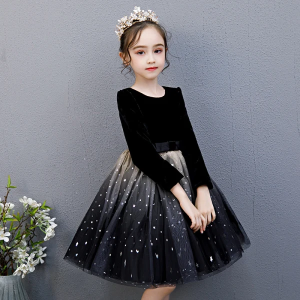 Affordable Black Birthday Flower Girl Dresses 2020 Ball Gown Scoop Neck 3/4 Sleeve Star Sequins Bow Sash Knee-Length Ruffle