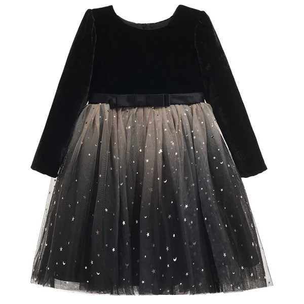 Affordable Black Birthday Flower Girl Dresses 2020 Ball Gown Scoop Neck 3/4 Sleeve Star Sequins Bow Sash Knee-Length Ruffle