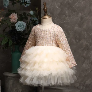 Affordable Champagne Birthday Flower Girl Dresses 2020 Ball Gown Scoop Neck Long Sleeve Braid Short Cascading Ruffles