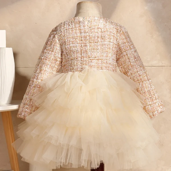 Affordable Champagne Birthday Flower Girl Dresses 2020 Ball Gown Scoop Neck Long Sleeve Braid Short Cascading Ruffles
