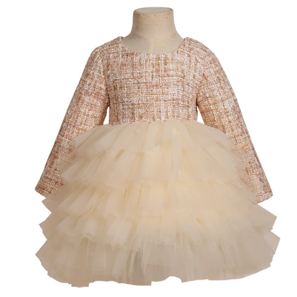 Affordable Champagne Birthday Flower Girl Dresses 2020 Ball Gown Scoop Neck Long Sleeve Braid Short Cascading Ruffles
