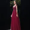 Chic / Beautiful Burgundy See-through Evening Dresses  2020 A-Line / Princess Scoop Neck Sleeveless Appliques Lace Sequins Beading Floor-Length / Long Ruffle Backless Formal Dresses