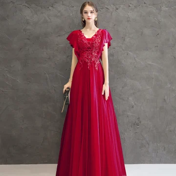 Chic Beautiful Red Evening Dresses 2020 A Line Princess V Neck Short Sleeve Appliques Beading Floor Length Long Ruffle Backless Formal Dresses