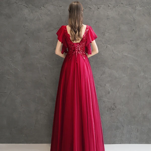 Chic / Beautiful Red Evening Dresses 2020 A-Line / Princess V-Neck Short Sleeve Appliques Beading Floor-Length / Long Ruffle Backless Formal Dresses
