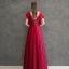 Chic / Beautiful Red Evening Dresses  2020 A-Line / Princess V-Neck Short Sleeve Appliques Beading Floor-Length / Long Ruffle Backless Formal Dresses