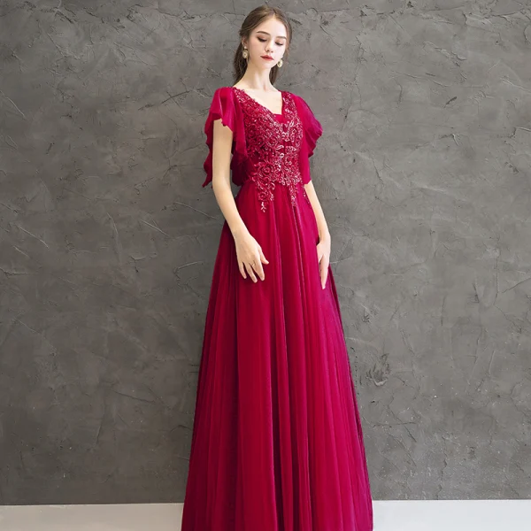 Chic / Beautiful Red Evening Dresses 2020 A-Line / Princess V-Neck Short Sleeve Appliques Beading Floor-Length / Long Ruffle Backless Formal Dresses