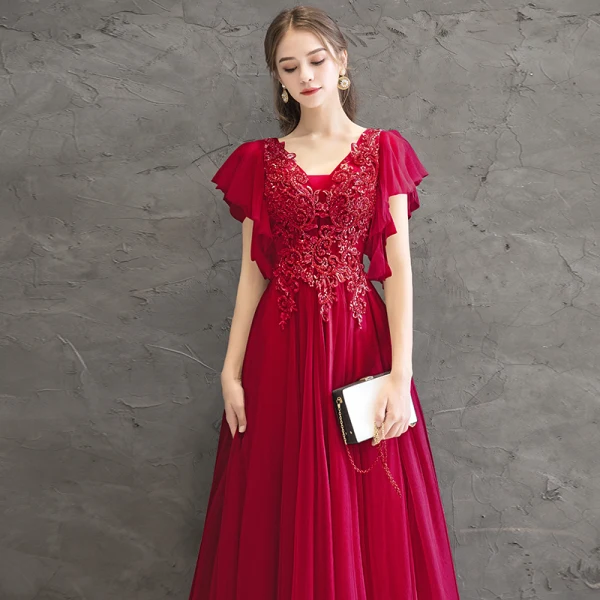 Chic / Beautiful Red Evening Dresses 2020 A-Line / Princess V-Neck Short Sleeve Appliques Beading Floor-Length / Long Ruffle Backless Formal Dresses