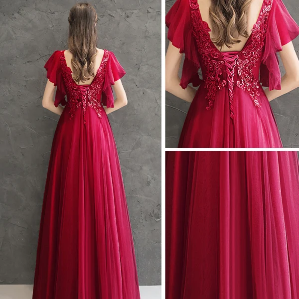Chic / Beautiful Red Evening Dresses 2020 A-Line / Princess V-Neck Short Sleeve Appliques Beading Floor-Length / Long Ruffle Backless Formal Dresses