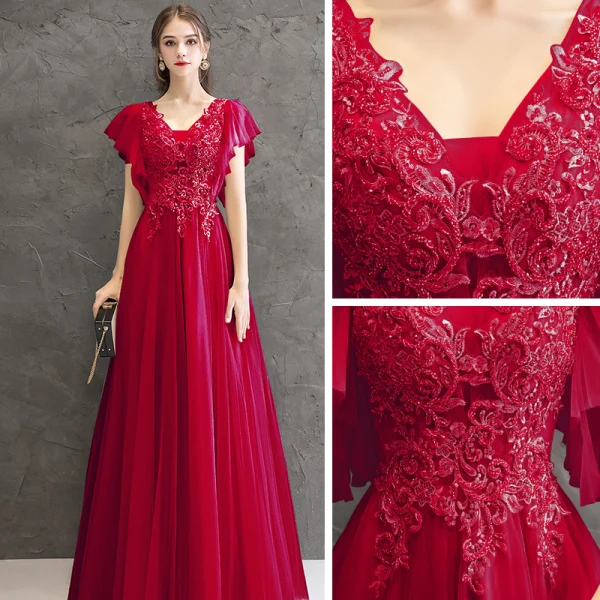 Chic / Beautiful Red Evening Dresses 2020 A-Line / Princess V-Neck Short Sleeve Appliques Beading Floor-Length / Long Ruffle Backless Formal Dresses