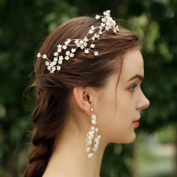 Elegant Gold Headpieces Bridal Jewelry 2020 Metal Beading Flower Headbands Earrings Wedding Accessories