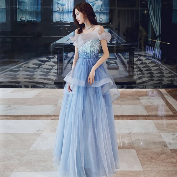 Élégant Océan Bleu Robe De Soirée 2020 Princesse De l'épaule Manches Courtes Paillettes Glitter Volants Longue Dos Nu Robe De Ceremonie