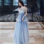 Élégant Océan Bleu Robe De Soirée 2020 Princesse De l'épaule Manches Courtes Paillettes Glitter Volants Longue Dos Nu Robe De Ceremonie