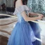 Élégant Océan Bleu Robe De Soirée 2020 Princesse De l'épaule Manches Courtes Paillettes Glitter Volants Longue Dos Nu Robe De Ceremonie