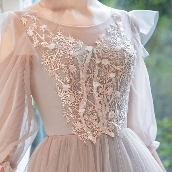 Affordable Pearl Pink Bridesmaid Dresses 2020 A-Line / Princess Backless Appliques Lace Floor-Length / Long Ruffle