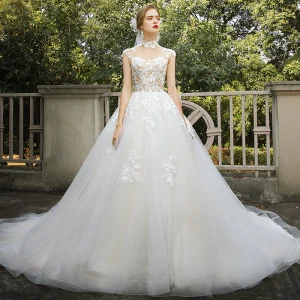 Vintage Originale Romantique Champagne La Mariée Robe De Mariée 2020 Robe Boule Transparentes Col Haut Sans Manches Appliques En Dentelle Chapel Train Volants